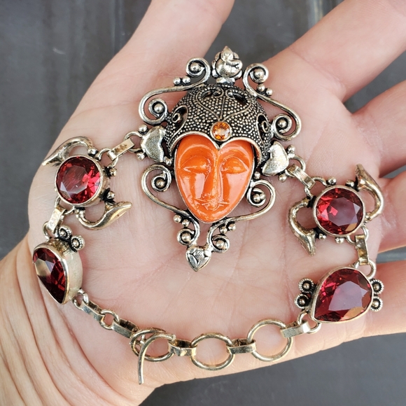 New Carved Goddess Face Multi Gemstone 925 Silver Bracelet. - Picture 9 of 15